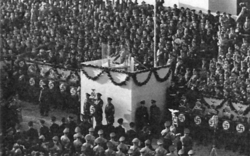 Adolf Hitler makes a speech at the Rathausplatz in Wilhelmshaven for the launching of the battleship Tirpitz